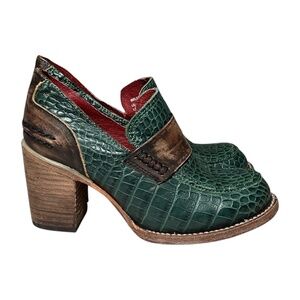 Freebird Bellevue Croc Embossed Leather Heels Loafers Green Brown Mexico 6